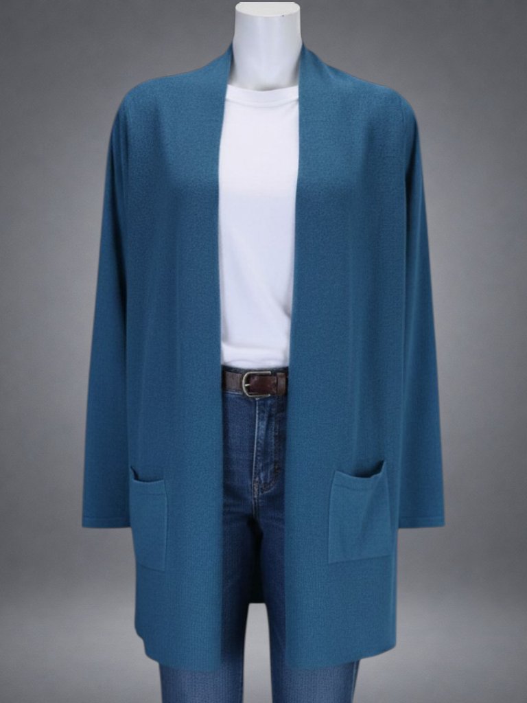 Orvis 100% Merino Wool Blue Open Front Longline Cardigan Sweater L